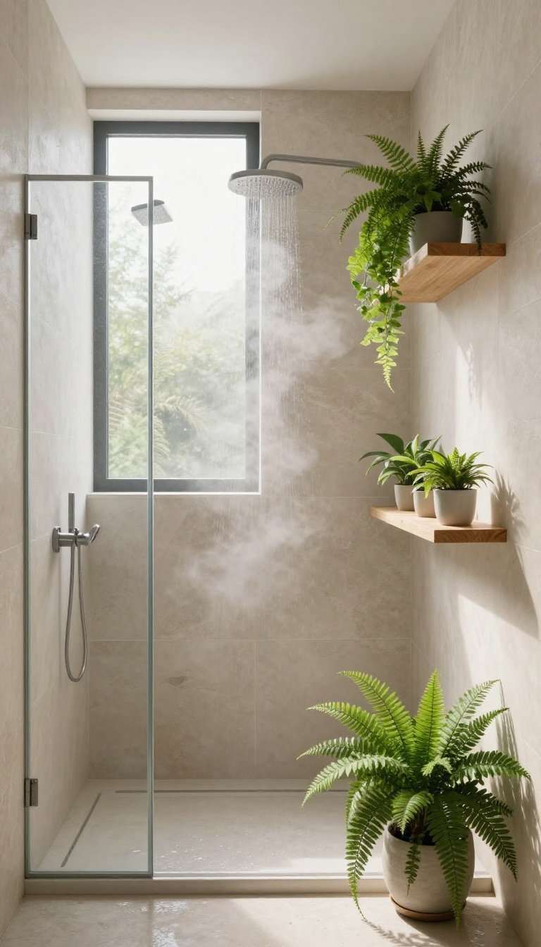 Wet room with greenery for a fresh organic touch