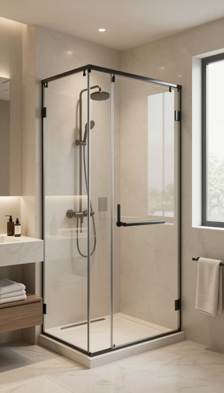 Frameless sliding glass shower door in a compact master bathroom with a floating vanity and bright natural light