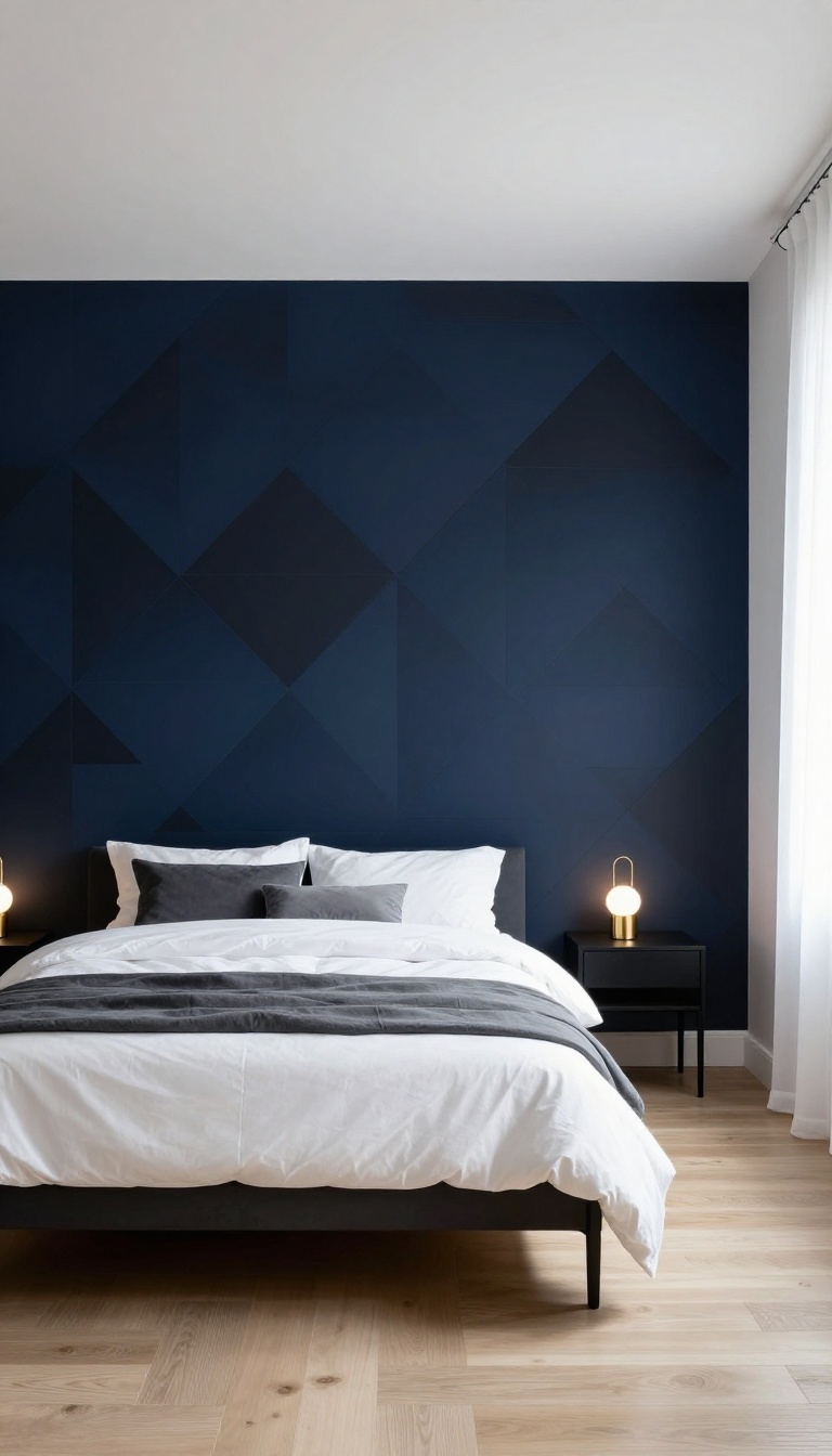Modern bedroom with black and blue geometric diamond wallpaper behind a low platform bed and white bedding
