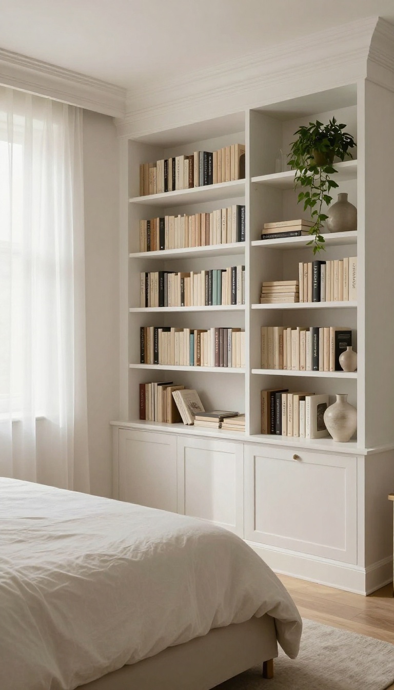 Built-in bookshelves painted the same soft white as the bedroom wall blend seamlessly into the architecture beside a chimney breast