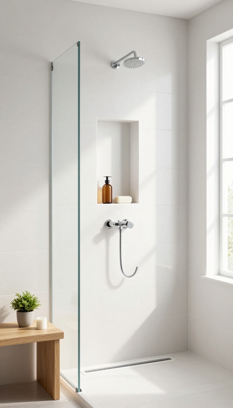 Modern walk-in tiled shower with a flush recessed niche lined in matching white tile, holding shampoo bottles above a teak bench with a small plant and candle in bright natural light