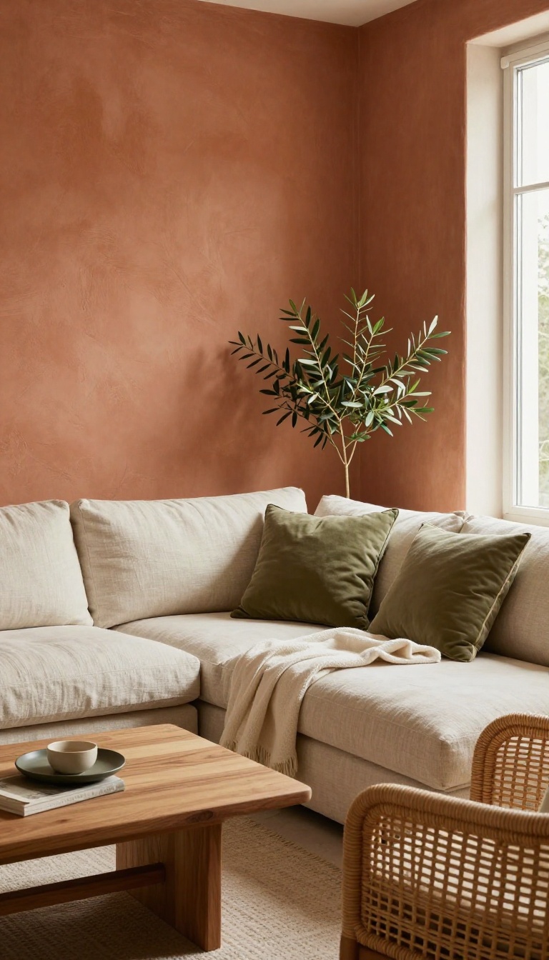 Cozy living room with a warm terracotta accent wall behind a linen sofa, styled with rattan, wood, and olive green accents in bright natural light