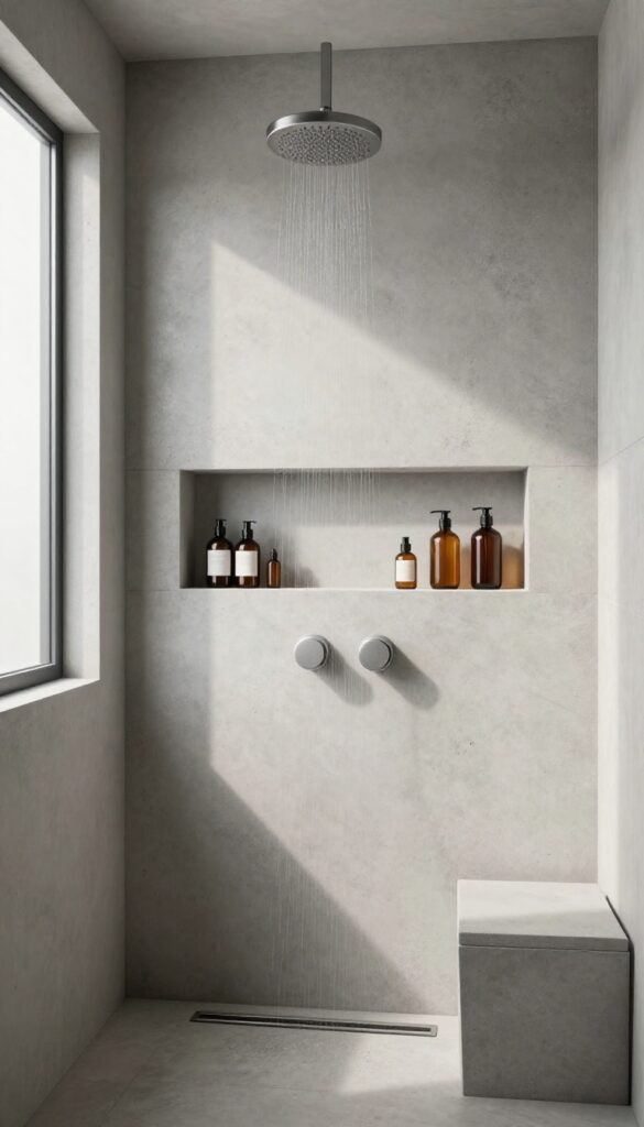 Modern concrete shower with a recessed niche shelf holding amber bottles, illuminated by natural light.