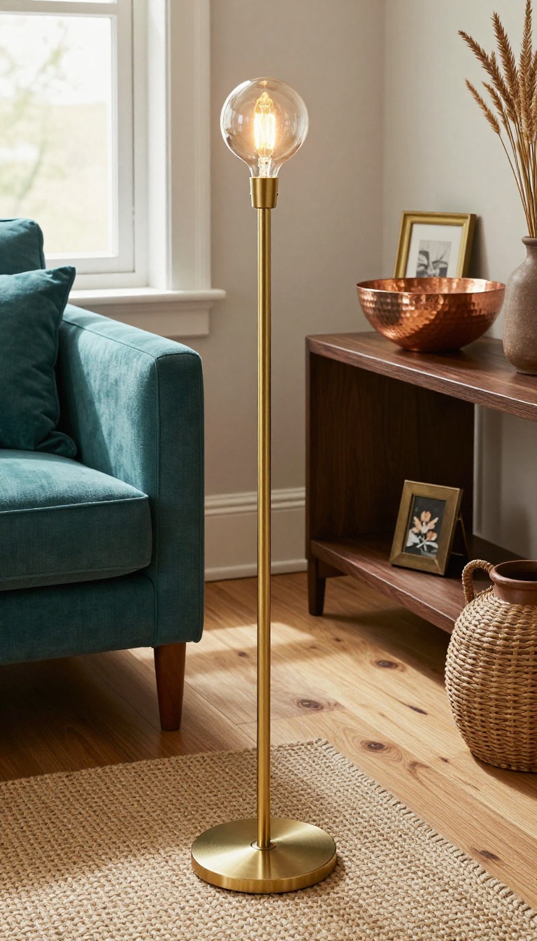 Teal and brown living room corner with a brass floor lamp, copper bowl, jute rug, rattan basket, and clay vase styled together