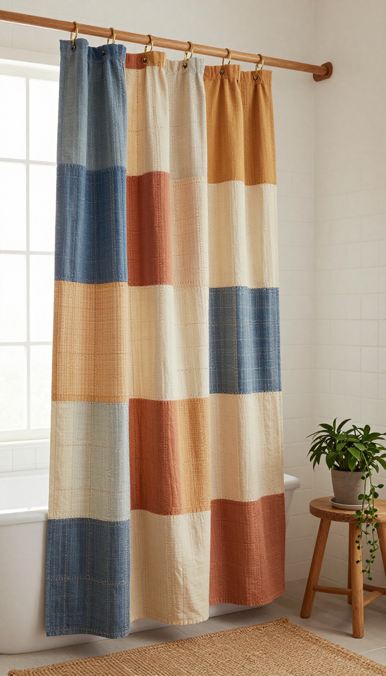 Boho bathroom with a patchwork kantha-stitched cotton shower curtain in indigo, terracotta, and mustard hanging in bright natural light