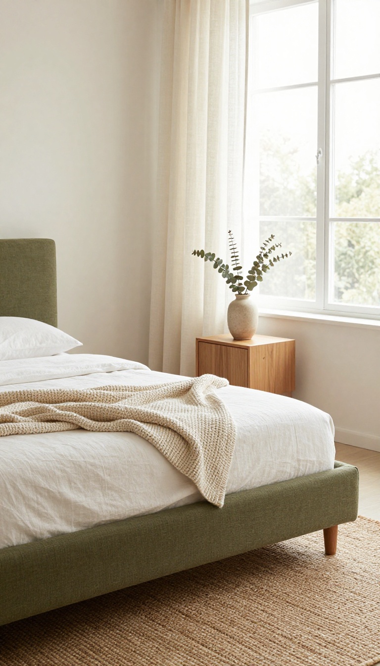 Olive green upholstered bed frame with linen bedding and a chunky knit throw in a bright, naturally lit bedroom with woven rug and sheer curtains