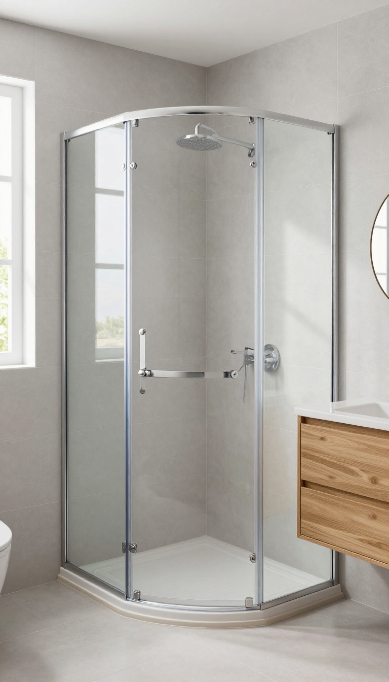 Compact quadrant shower enclosure in a small modern bathroom corner, with curved glass door and low-profile tray.