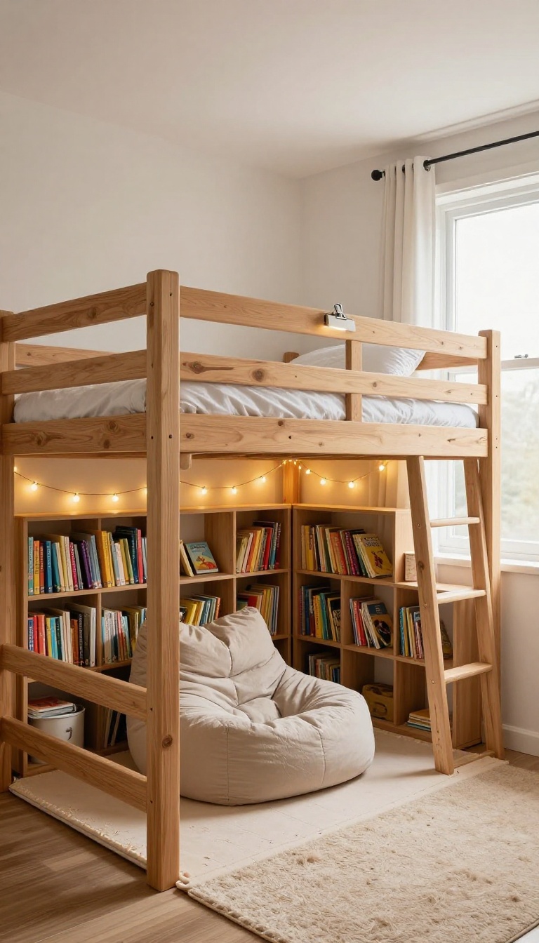 High loft bed in a boys' bedroom with a cozy reading nook underneath, featuring a beanbag chair, floor cushion, low bookshelf, and warm string lights
