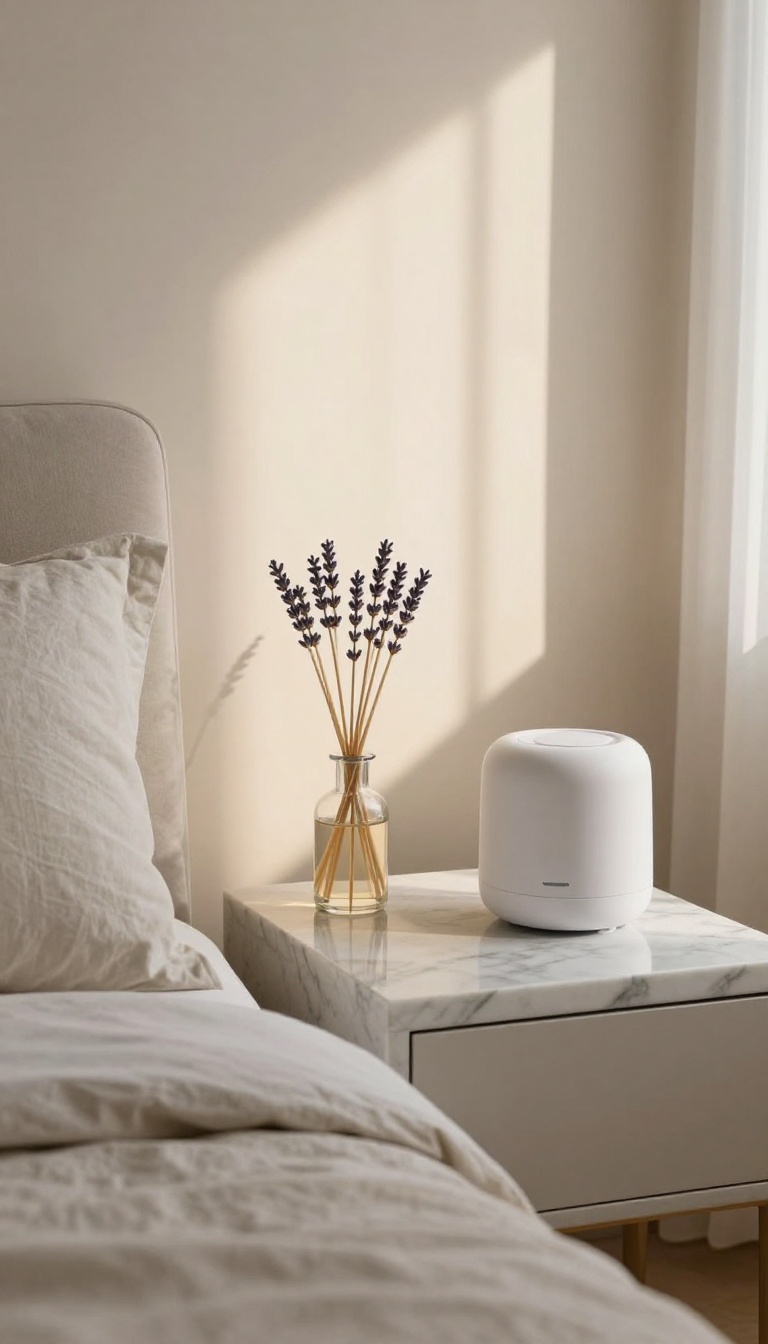 Luxury bedroom nightstand with a reed diffuser and white noise machine beside soft neutral bedding in warm natural light
