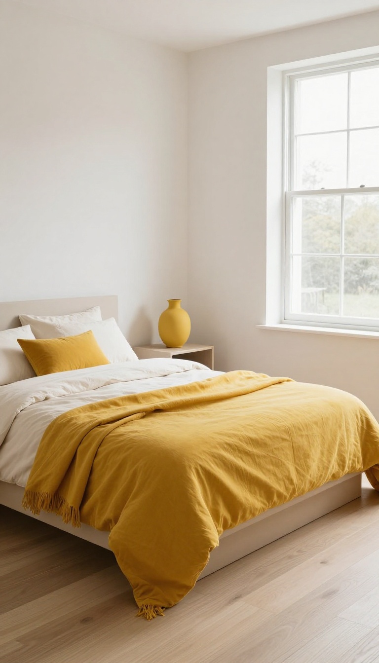 Neutral modern bedroom with light wood floors, cream bedding, and a single mustard yellow throw blanket as a bold accent
