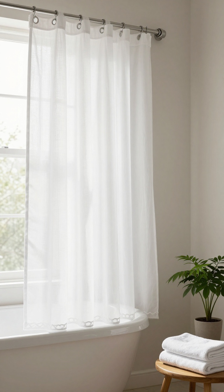 Bright bathroom with a white scalloped-edge shower curtain hanging above a tub, styled with a plant and folded towel in natural light