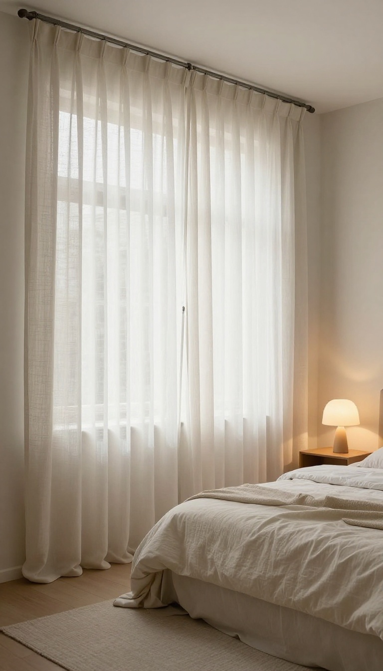 Sheer voile curtains hung high and wide on a rod in a windowless basement bedroom, diffusing warm lamp light and puddling softly on the floor to create a cozy, airy feel.