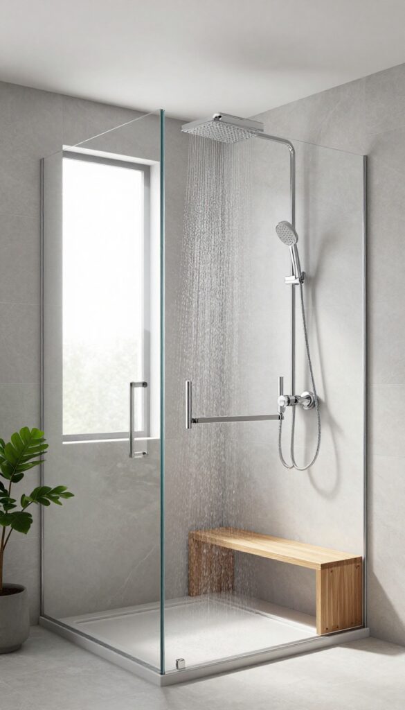 Luxurious walk-in shower with ceiling rain shower head and handheld wand on a slide bar, featuring elegant tile and teak bench, in a bright spa-like setting.