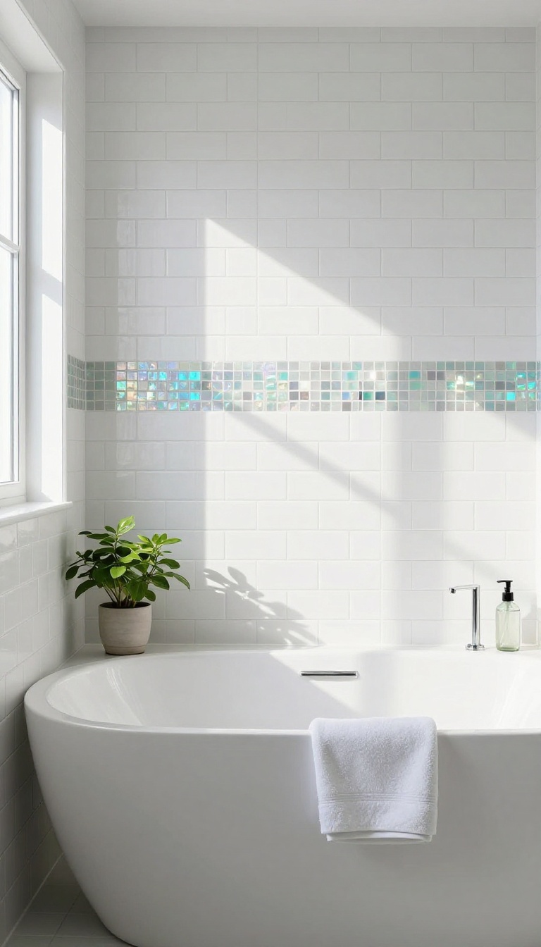 Bright bathroom with white subway tiles and a shimmering glass tile accent strip above the bathtub