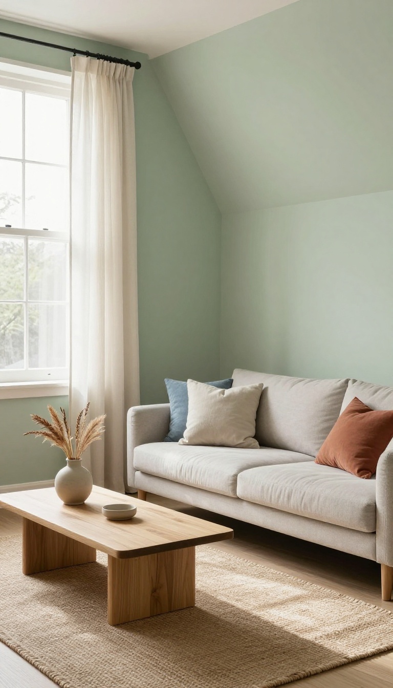 Upstairs loft living room with sloped ceilings painted soft sage green, pale greige sofa, jute rug, linen curtains, and muted calm decor in bright natural light