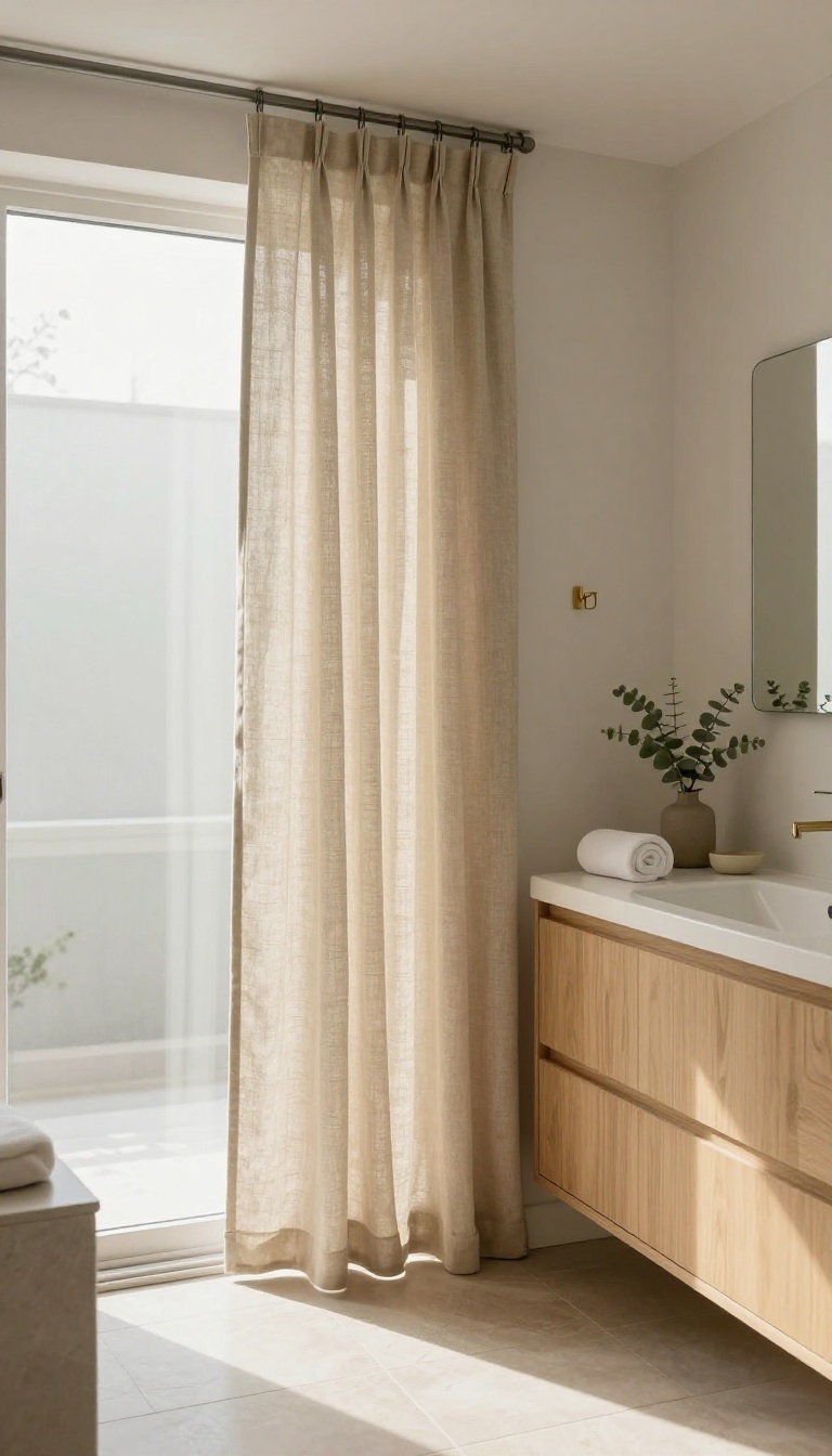 Ceiling-mounted double-sided beige linen curtain dividing a bright open bathroom shower from a light wood vanity with natural light