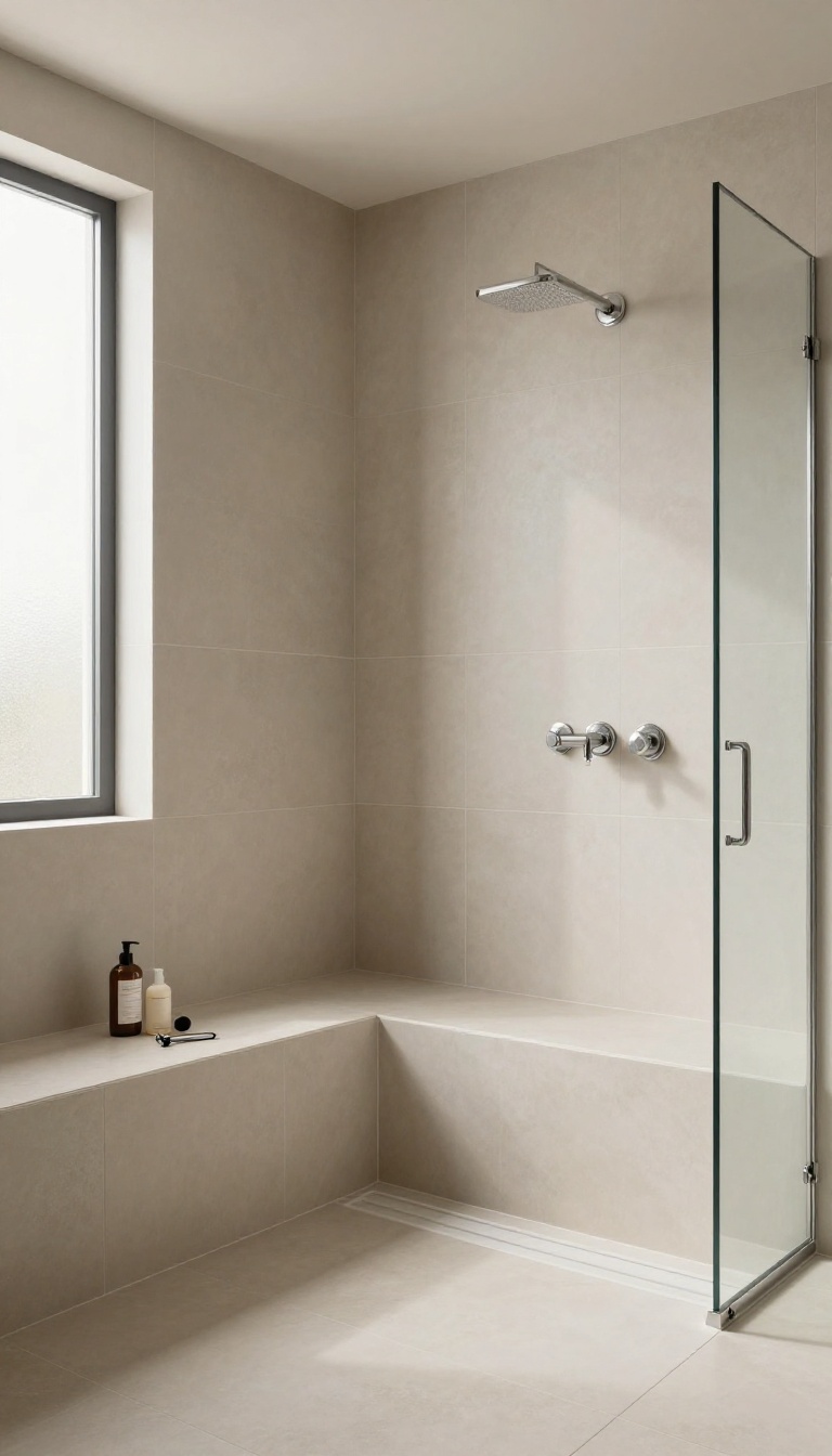 Bright modern shower stall with a full-width tiled bench that matches the surrounding wall tile for a seamless built-in look