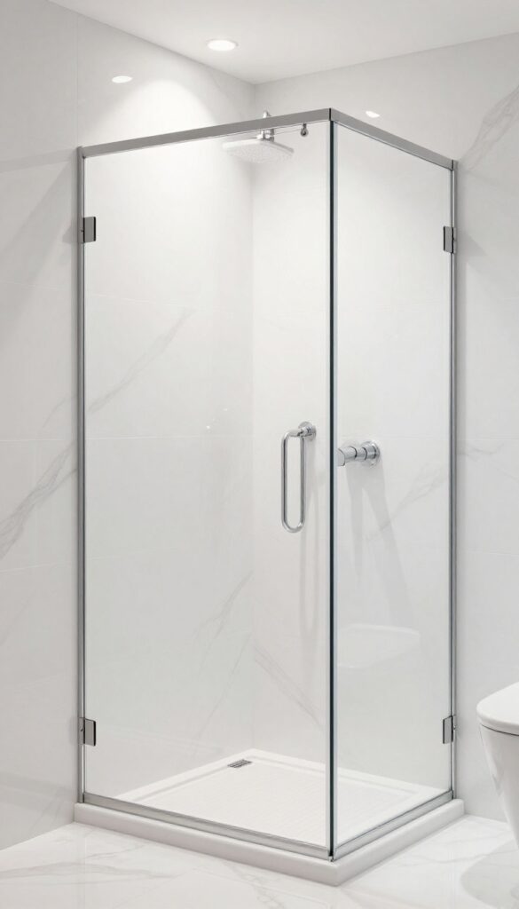 Modern shower with glossy acrylic panels reflecting light