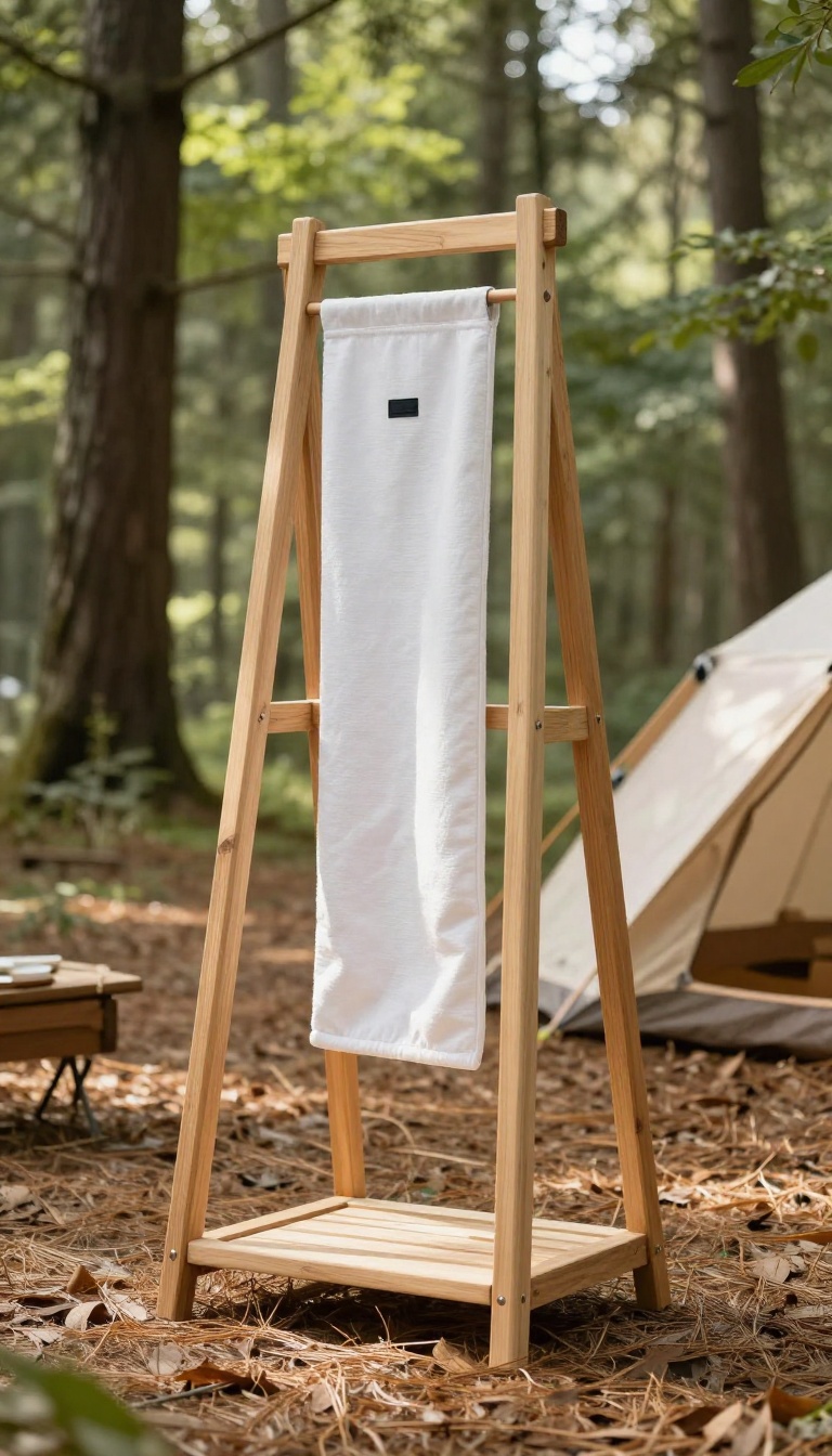 Rustic wooden A-frame DIY camping shower stand with a solar shower bag in a forest setting
