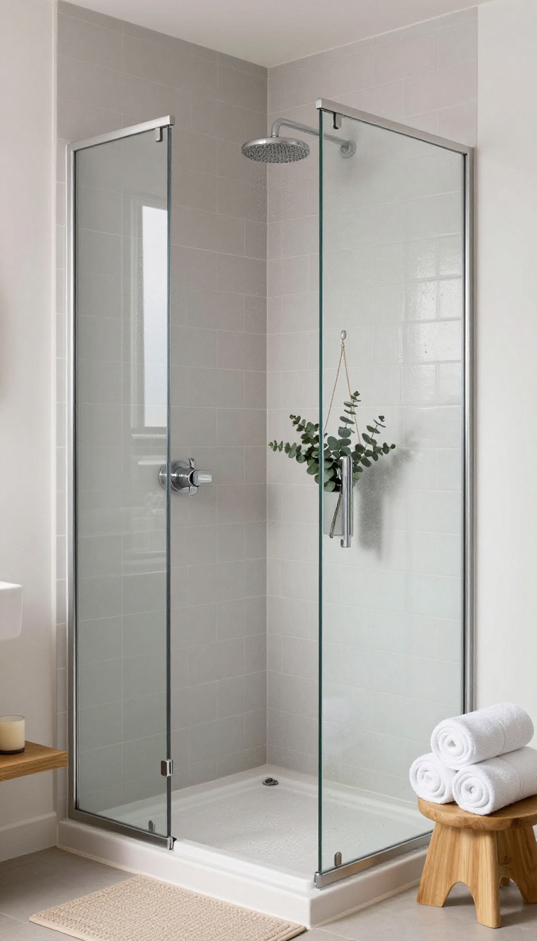 Small polished budget shower stall with light gray tile, chrome shower head, single glass panel, rolled towels, and a hanging eucalyptus bundle in bright natural light