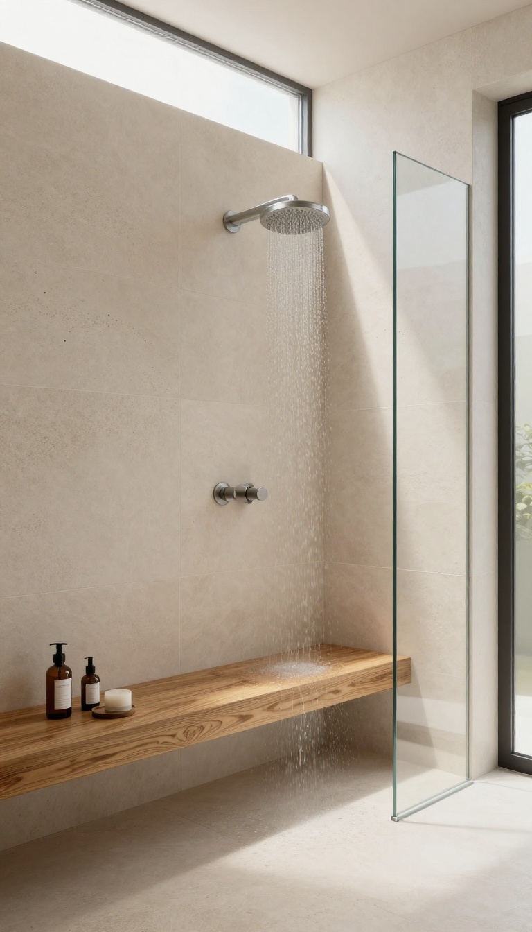 Modern wet room with a built-in teak bench, stone tiles, and natural light for a spa-like feel.