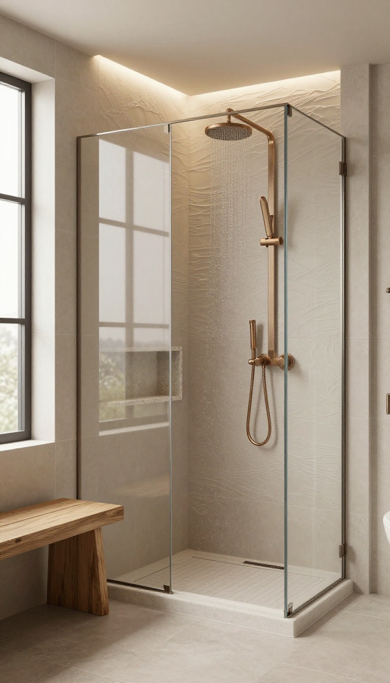 Warm neutral walk-in tiled shower with textured accent wall, brushed bronze fixtures, teak bench, and soft natural light