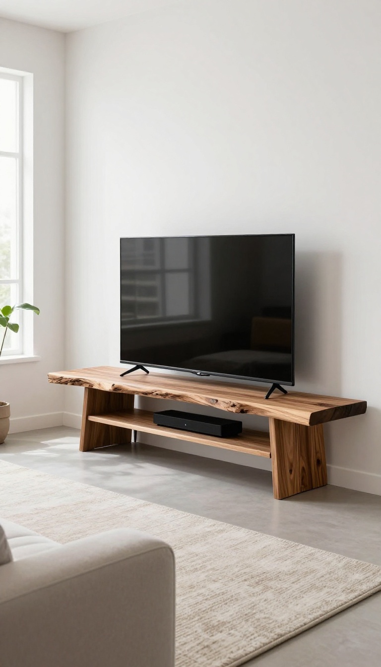 Live edge wooden TV stand with hairpin legs in a bright living room, holding a TV and soundbar.