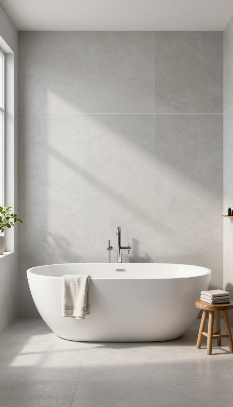 Large-format porcelain tiles on a bathtub surround creating a seamless, modern look in a bright bathroom
