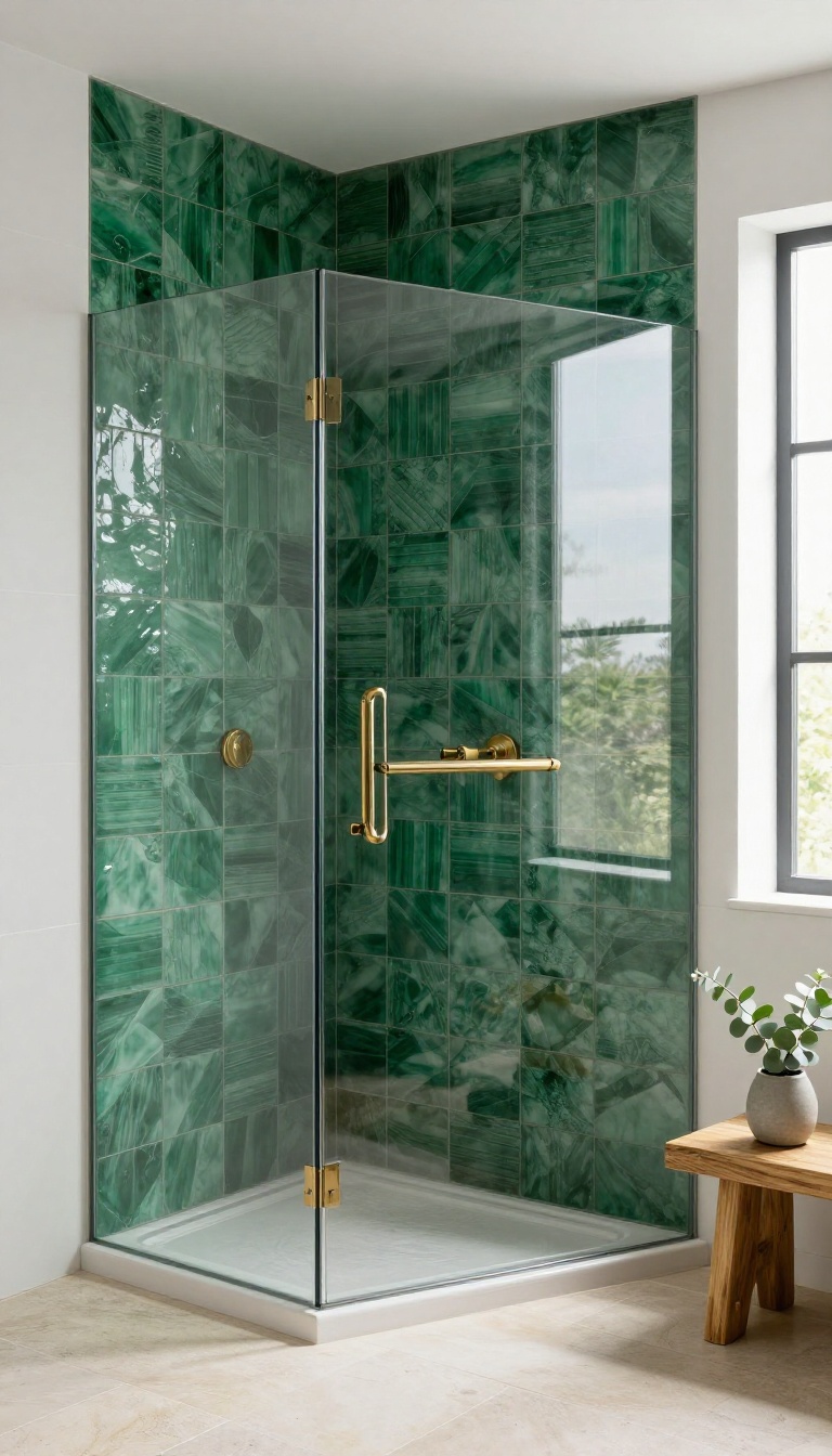 Walk-in shower with a bold emerald green patterned statement tile back wall contrasted by calm white side walls and a frameless glass panel