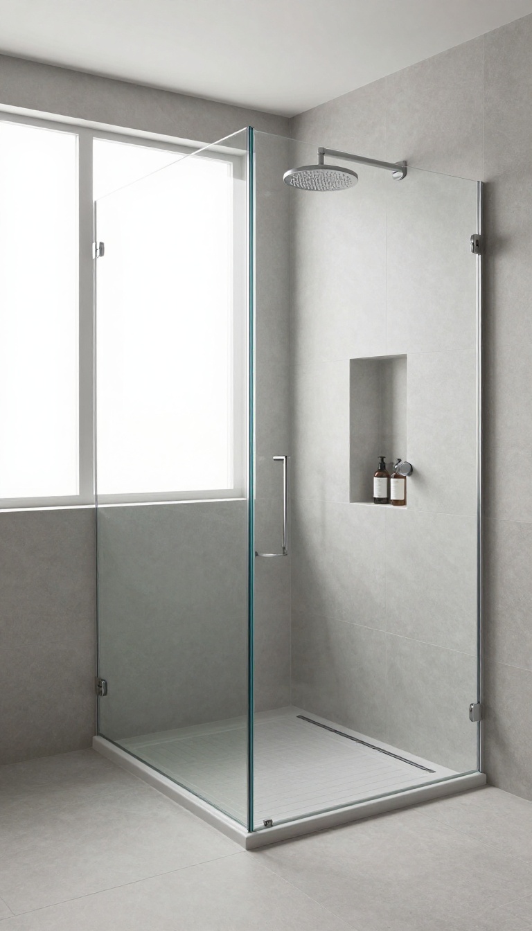 Modern walk-in shower with a linear drain and large-format tiles, showcasing a clean, minimalist design.