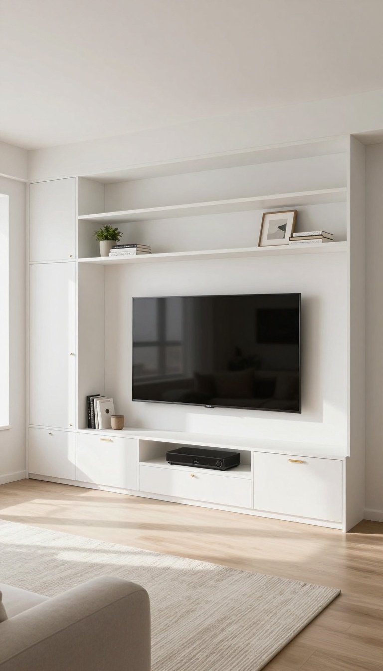Modern living room TV wall with built-in shelving, open floating shelves above and closed cabinets below, styled with decor and natural light.