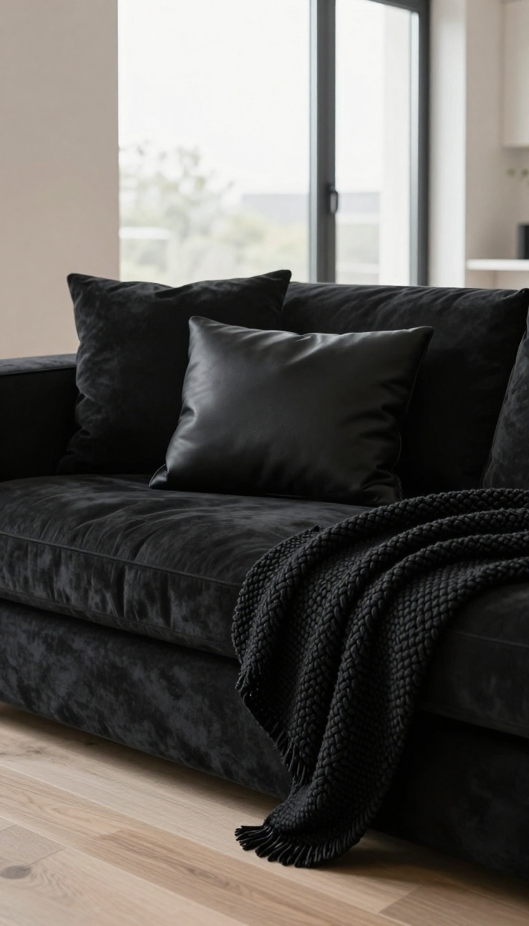 Modern black velvet sofa layered with a black leather pillow and a chunky black knit throw in a bright minimalist living room
