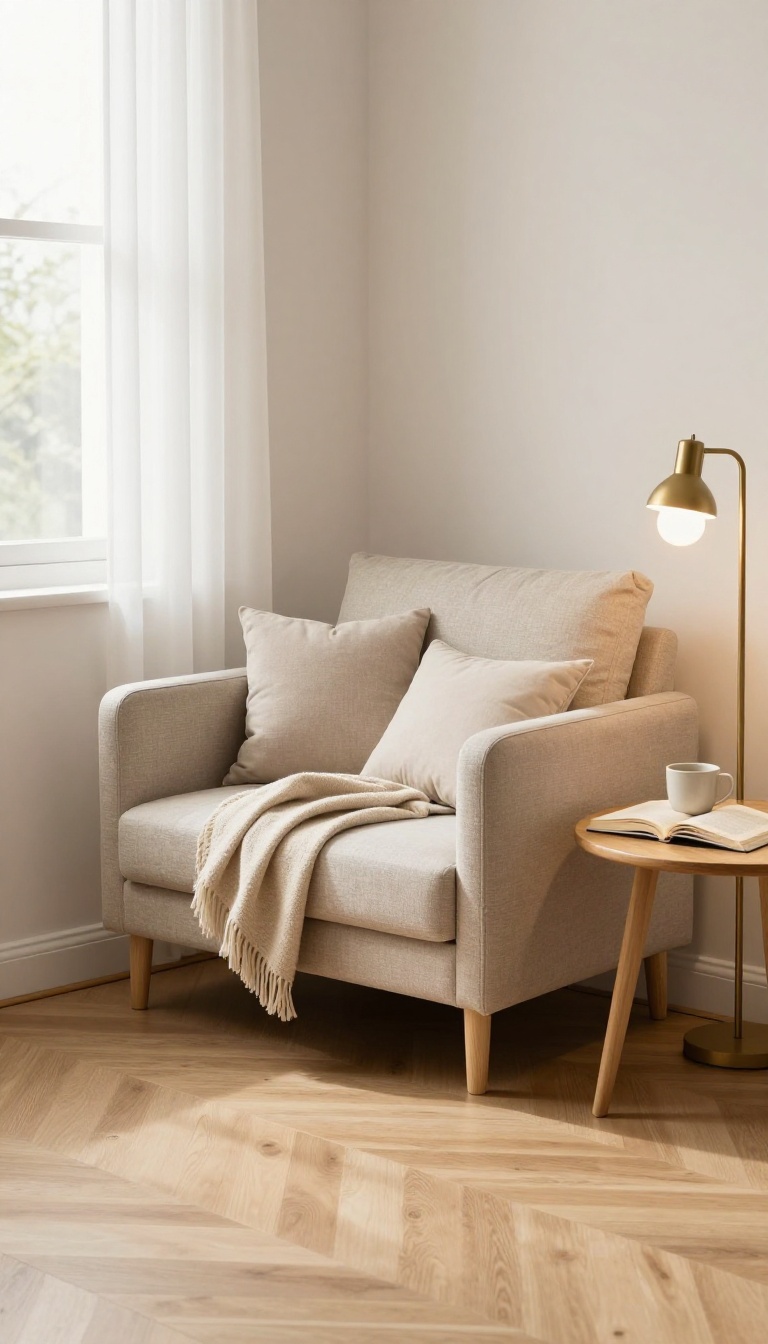 Compact loveseat with slim arms and a low back styled in a bright bedroom corner with a small round side table and a warm floor lamp