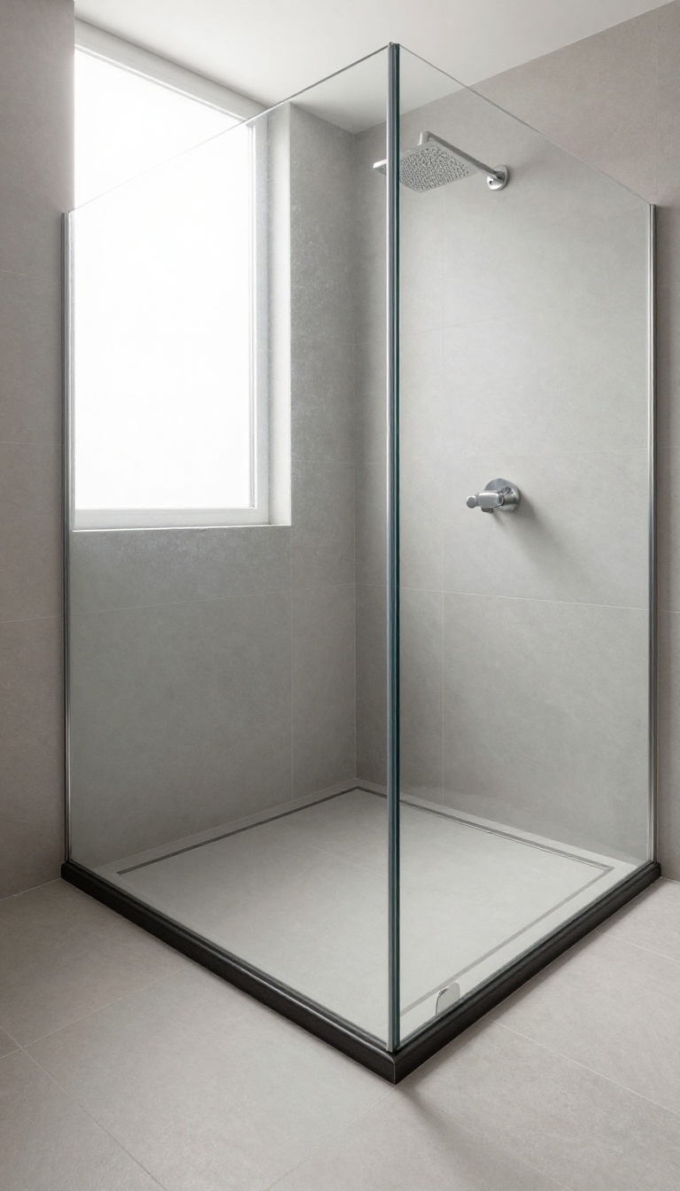 Walk-in shower with light gray floor tiles and a dark charcoal contrasting border for a defined edge.