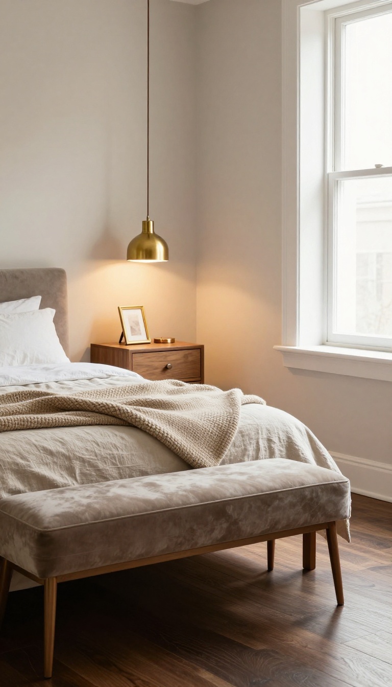 Cozy dark wood floor bedroom with brass pendant light, copper floor lamp, bronze accents, velvet bench, and layered wool and linen textures in warm natural light