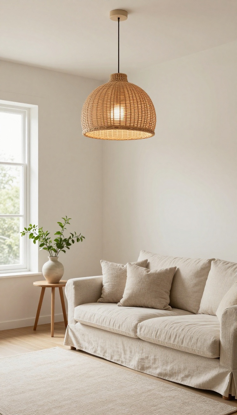 Cozy rental living room with a woven pendant light hanging from the ceiling as a statement fixture