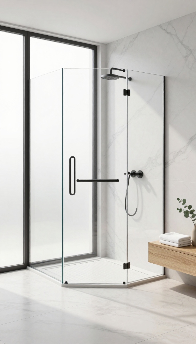 Bright walk-in shower with large porcelain slabs that look like soft white marble, black fixtures, and a light oak bench