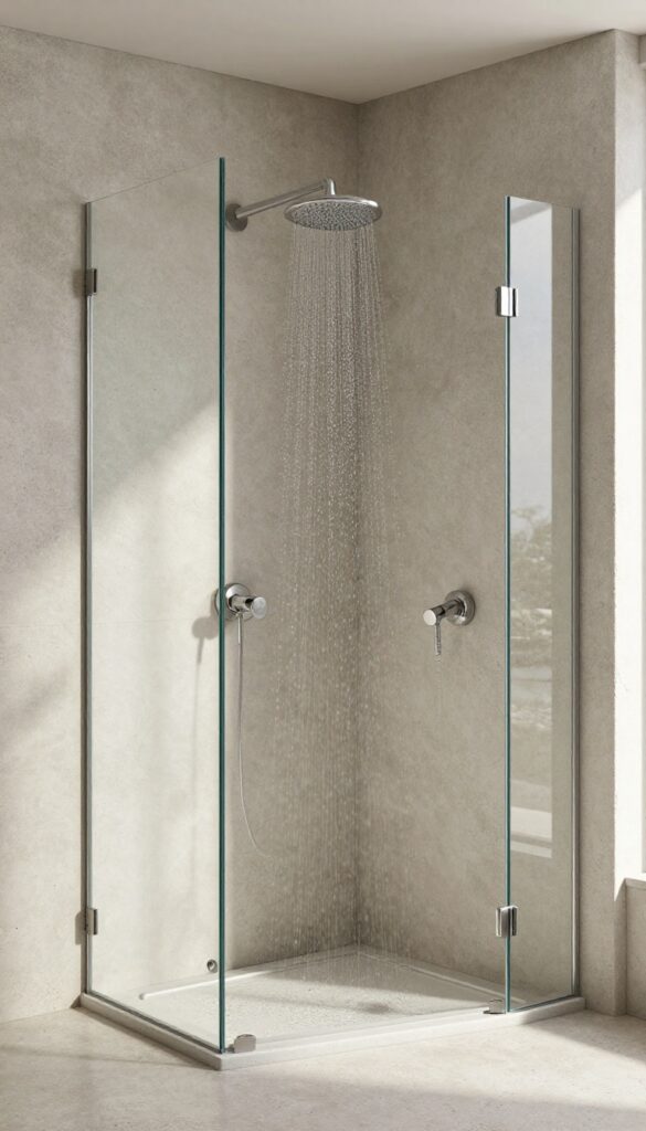 Modern shower with textured concrete floor for slip resistance, wet surface showing subtle ridges, bright natural light, minimalist design.