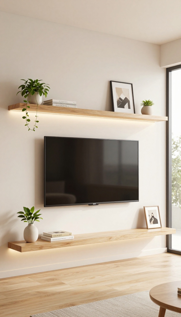 Living room wall with a mounted TV and two floating shelves lit from underneath by warm LED strips, styled with a vase, trailing plant, books, and a framed photo in bright natural light.