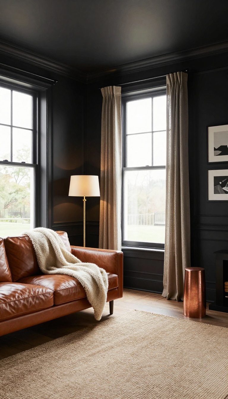 Cozy living room with soft black walls, leather sofa, warm lamps, jute rug, and natural light glowing through a large window