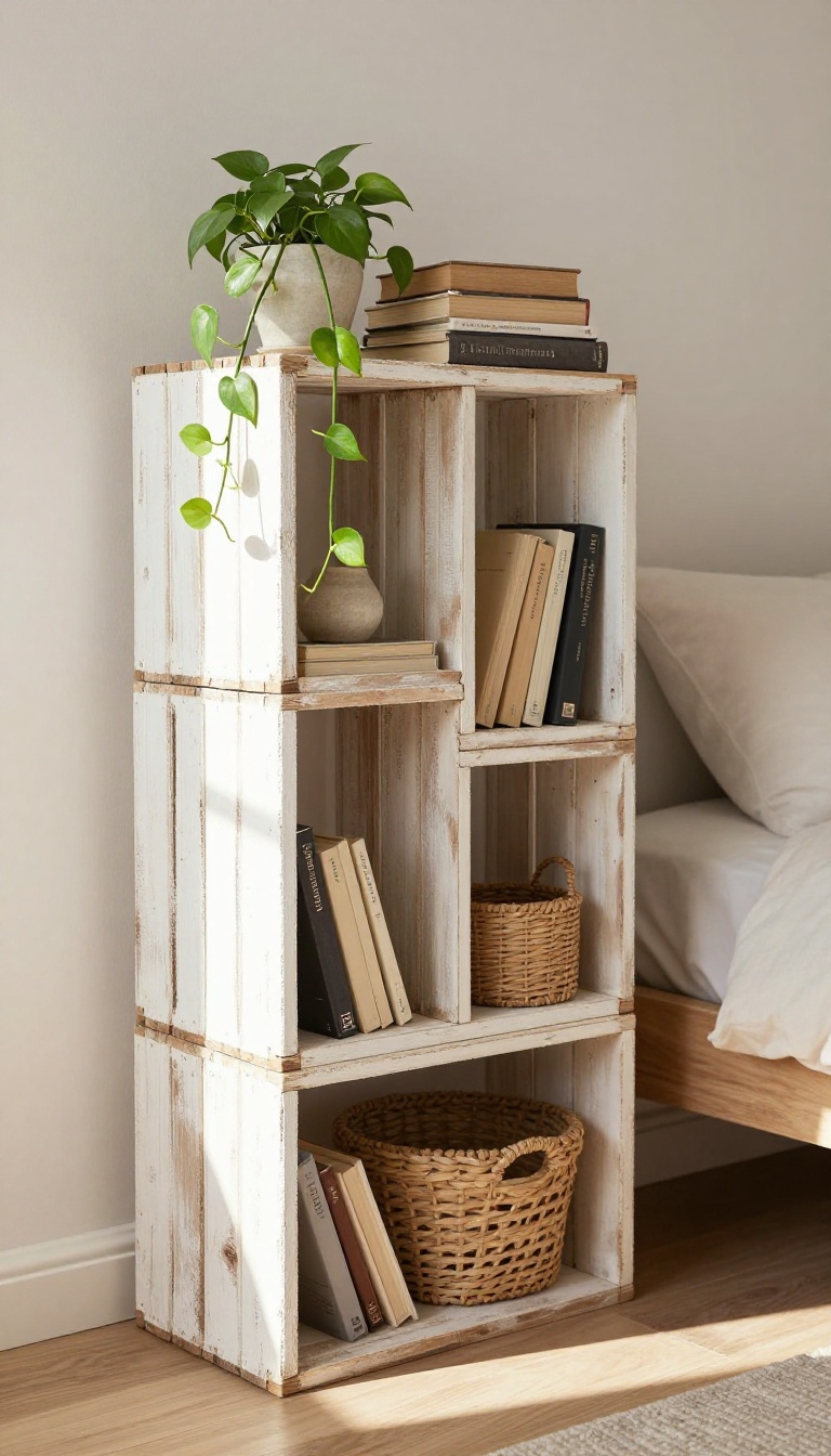 Stacked wooden crates used as a rustic bedroom bookshelf holding books, a plant, and a basket in soft natural light