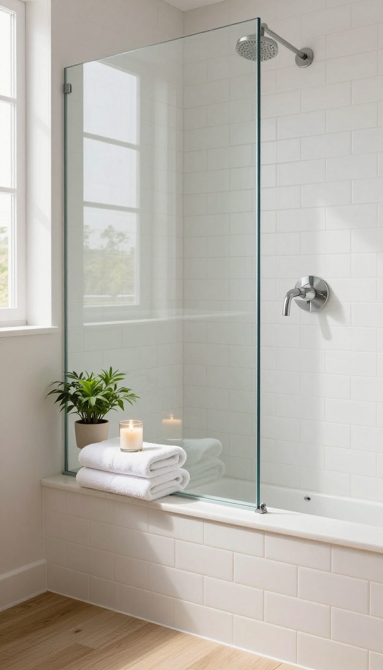 Modern bathroom knee wall with a widened quartz ledge holding folded towels, a candle, and a small plant beside a glass shower panel