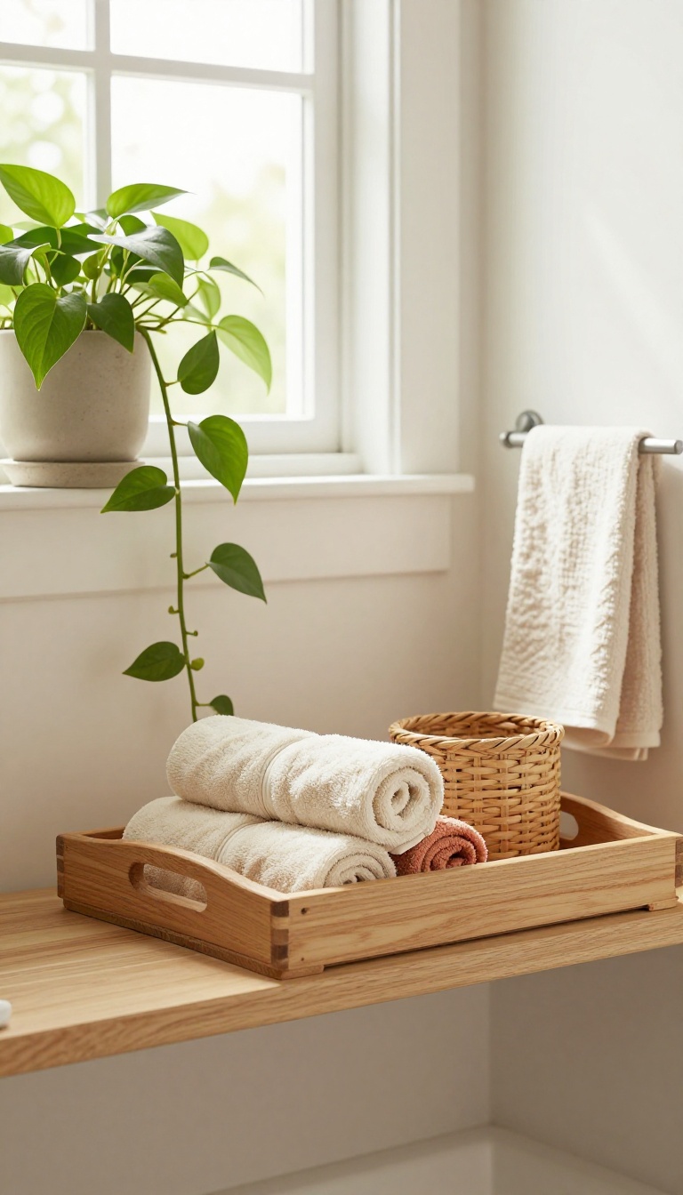 Warm bathroom corner styled with a trailing pothos plant, a wooden tray of rolled towels, and soft natural accessories in bright daylight