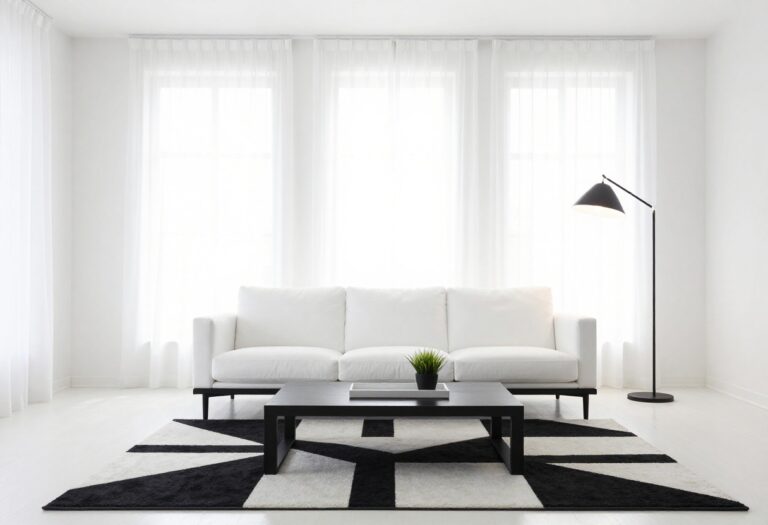 Modern black and white living room with a white sofa, black coffee table, and geometric rug.