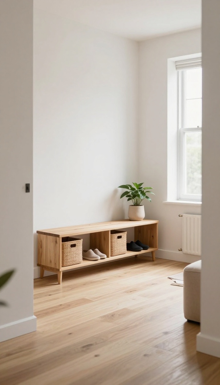 Bright entry living room with a wooden storage bench holding baskets and shoes near the front door