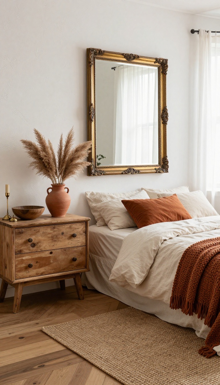 Boho bedroom corner with a vintage brass mirror, handmade ceramic vase, layered linen bedding, and thrifted wooden decor in warm natural light
