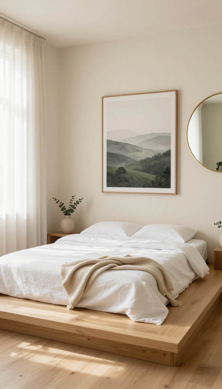 Calm spa bedroom wall with a single misty landscape art print and a thin round brass mirror reflecting soft natural light