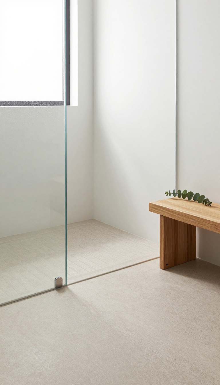 Modern shower stall with slip-resistant textured matte floor tiles in a bright bathroom