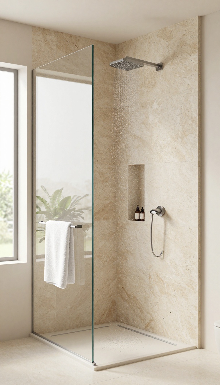 Modern bathroom with a half-wall stone shower partition and rainfall showerhead