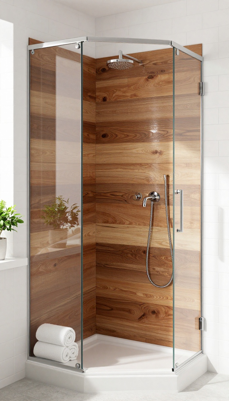 Glossy sealed reclaimed wood accent wall inside a bright modern shower paired with white tile